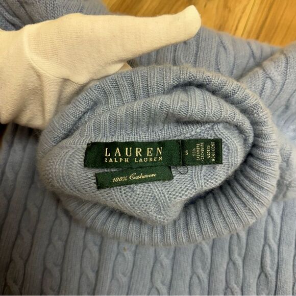 Lauren Ralph Lauren 100% Cashmere Light Blue Cable Knit Turtleneck Sweater S - Picture 7 of 13
